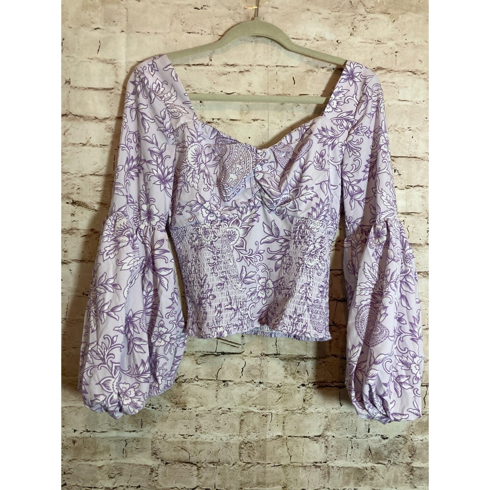 Venus Crop Top Womens 10 Lilac Floral Babydoll Smocked Balloon Sleeve Boho Hippy